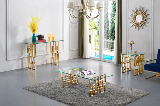 Pierre Contemporary End Table with Gold Stainless Steel Base and Thick Glass Top - Stylish Accent Piece