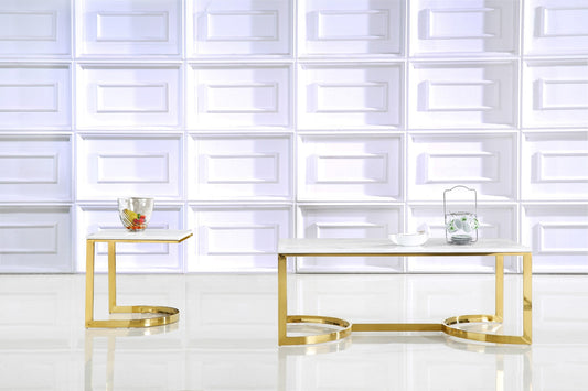 London Stone Contemporary End Table - Luxurious Gold Stainless Steel & Genuine Marble Top Design