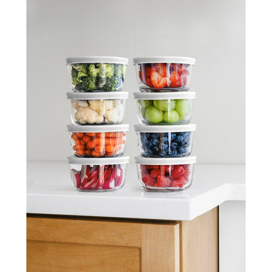 16 Piece Set (1 Cup / 8Oz) Round Glass Storage Containers With Lids, White