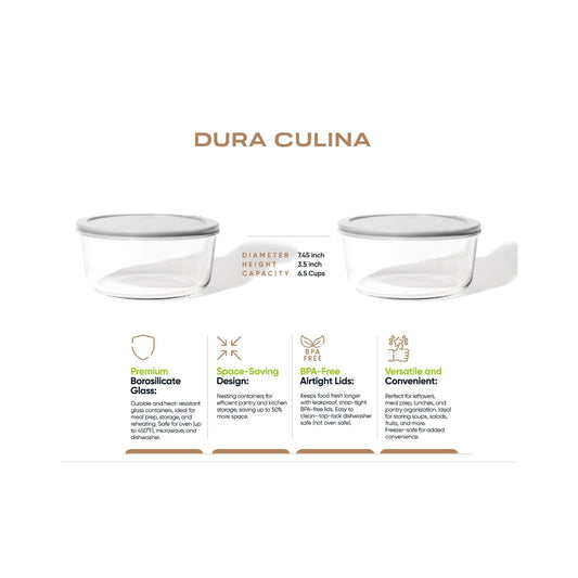 4 Piece Set (6.55 Cup / 52.4Oz) Round Glass Storage Containers With Lids, Grey