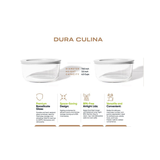 4 Piece Set (6.55 Cup / 52.4Oz) Round Glass Storage Containers With Lids, White