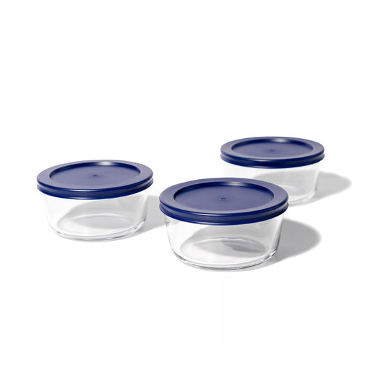 6 Piece Set (2 Cup / 16Oz) Round Glass Storage Containers With Lids, Blue