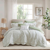 5 Piece Scalloped Edged Botanical Comforter Set, Sage Green