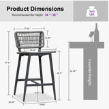 PURPLE LEAF Patio Counter Height Bar Stools Set of 2 Metal Bar Chairs with Back Wicker Woven Stools for Kitchen Island Pool Garden Outdoor Barstools