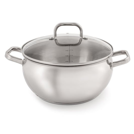 BergHOFF Belly Shape 18/10 Stainless Steel 9.5" Stock Pot with Glass Lid, 5.5qt.