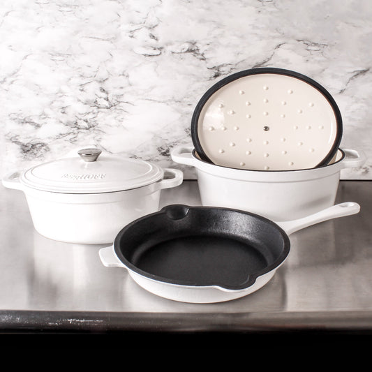 BergHOFF Neo 5pc Cast Iron Oval Dutch Oven Set with 10" Fry Pan, 5qt. & 8qt., White
