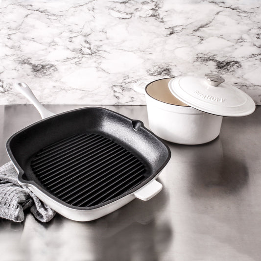 BergHOFF Neo 3pc Cast Iron Cookware Set, Grill Pan & Round Dutch Oven, White