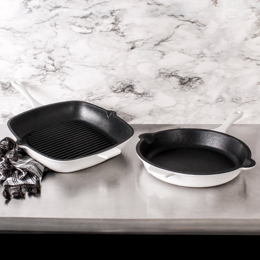 BergHOFF Neo 2pc Cast Iron 10" Fry Pan & 11" Grill Pan Cookware Set, White