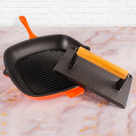 BergHOFF Neo 2pc Cast Iron 11" Grill Pan with Steak Press, Orange