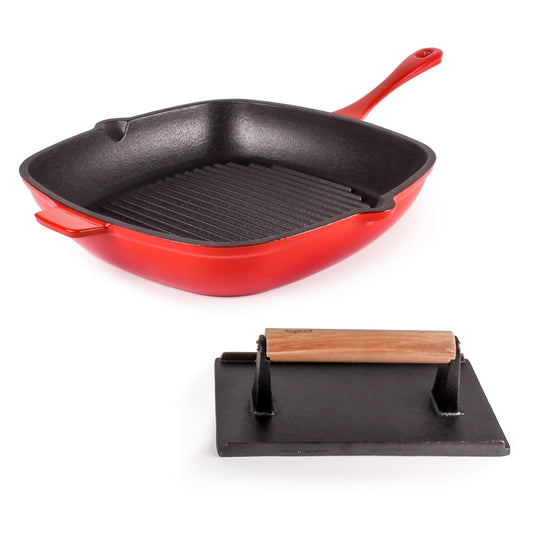 BergHOFF Neo 2pc Cast Iron 11" Grill Pan with Steak Press, Red