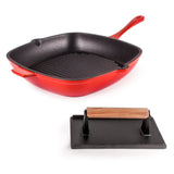 BergHOFF Neo 2pc Cast Iron 11" Grill Pan with Steak Press, Red