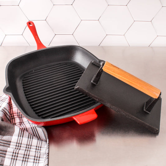 BergHOFF Neo 2pc Cast Iron 11" Grill Pan with Steak Press, Red