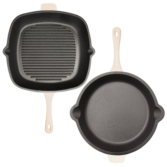 BergHOFF Neo 2pc Cast Iron 10" Fry Pan & 11" Grill Pan Cookware Set, Meringue