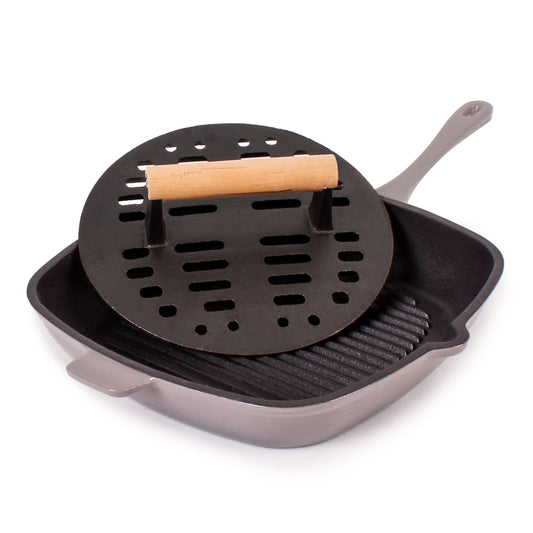 BergHOFF Neo 2pc Cast Iron 11" Grill Pan with Slotted Steak Press, Oyster