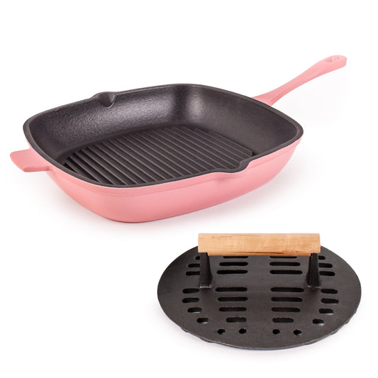 BergHOFF Neo 2pc Cast Iron 11" Grill Pan with Slotted Steak Press, Pink