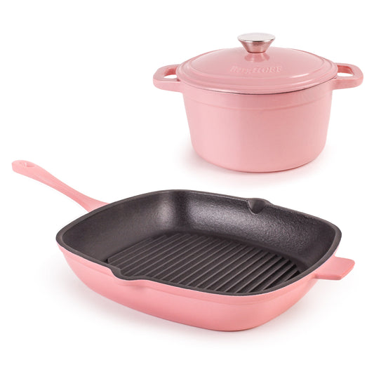 BergHOFF Neo 3pc Cast Iron Cookware Set, Grill Pan & Round Dutch Oven, Pink