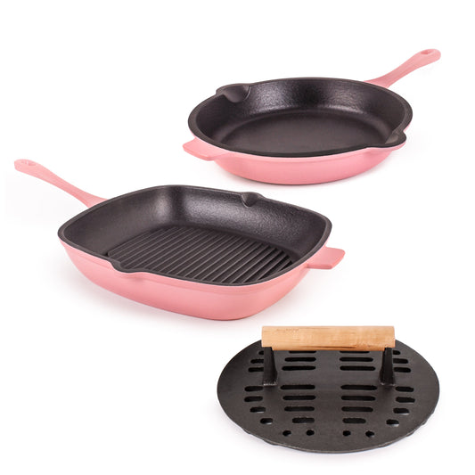 BergHOFF Neo 3pc Cast Iron Fry Pan & Grill Pan Set with Slotted Steak Press, Pink