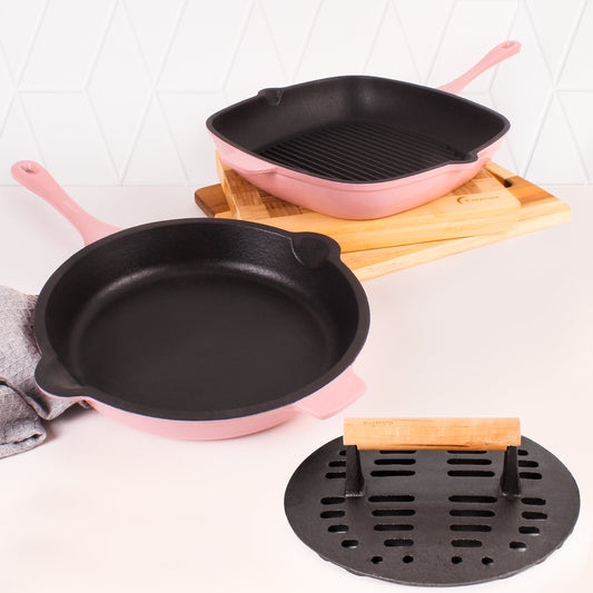 BergHOFF Neo 3pc Cast Iron Fry Pan & Grill Pan Set with Slotted Steak Press, Pink