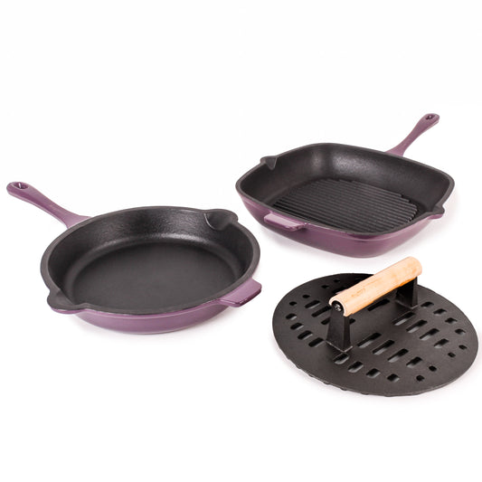 BergHOFF Neo 3pc Cast Iron Fry Pan & Grill Pan Set with Slotted Steak Press, Purple