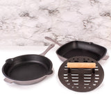 BergHOFF Neo 3pc Cast Iron Fry Pan & Grill Pan Set with Slotted Steak Press, Oyster