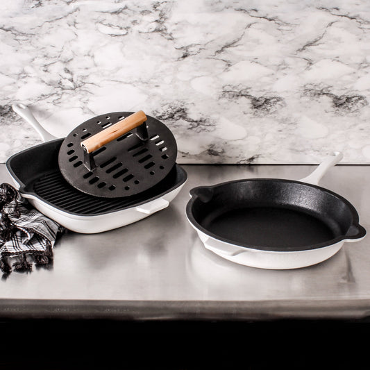 BergHOFF Neo 3pc Cast Iron Fry Pan & Grill Pan Set with Slotted Steak Press, White