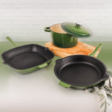 BergHOFF Neo 4pc Cast Iron Cookware Set, Fry Pan, Grill Pan & Round Dutch Oven, Green