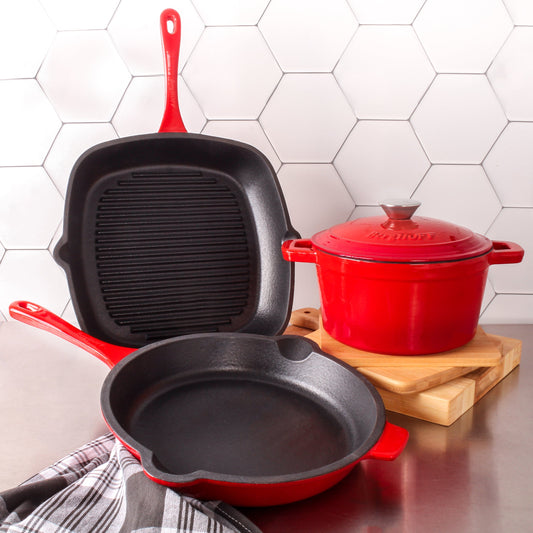 BergHOFF Neo 4pc Cast Iron Cookware Set, Fry Pan, Grill Pan & Round Dutch Oven, Red