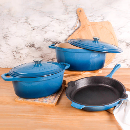 BergHOFF Neo 5pc Cast Iron Oval Dutch Oven Set with 10" Fry Pan, 5qt. & 8qt., Blue