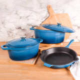 BergHOFF Neo 5pc Cast Iron Oval Dutch Oven Set with 10" Fry Pan, 5qt. & 8qt., Blue