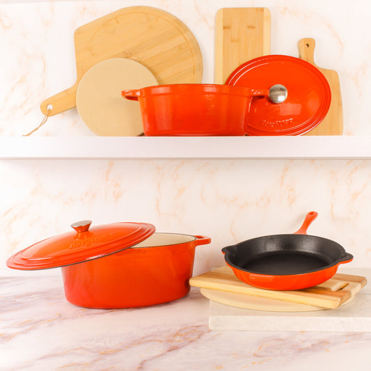 BergHOFF Neo 5pc Cast Iron Oval Dutch Oven Set with 10" Fry Pan, 5qt. & 8qt., Orange