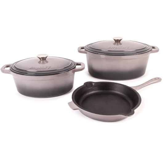 BergHOFF Neo 5pc Cast Iron Oval Dutch Oven Set with 10" Fry Pan, 5qt. & 8qt., Oyster