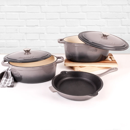 BergHOFF Neo 5pc Cast Iron Oval Dutch Oven Set with 10" Fry Pan, 5qt. & 8qt., Oyster