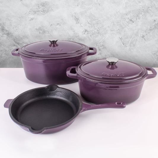 BergHOFF Neo 5pc Cast Iron Oval Dutch Oven Set with 10" Fry Pan, 5qt. & 8qt., Purple