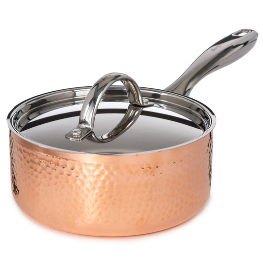 BergHOFF Vintage 5pc Tri-Ply Copper Saucepan & Deep Skillet Cookware Set,  SS Lids, Hammered