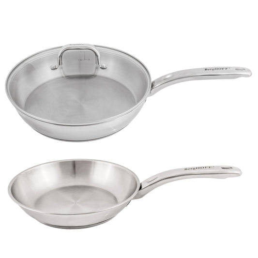 BergHOFF Belly Shape 3pc 18/10 Stainless Steel Fry Pan & Skillet Cookware Set with Glass Lid