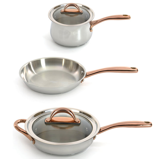 BergHOFF Ouro Gold 5pc 18/10 Stainless Steel Starter Set, Glass Lids, Rose Gold Handles