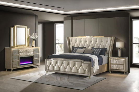 Modern bedroom with a tufted bed, nightstands, and dresser.