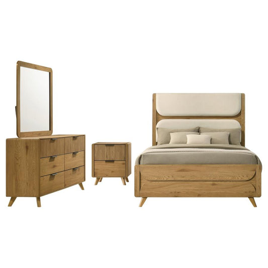 Bennett Twin Cream Upholstered 4-Piece Mid-Century Bedroom Set Light Oak