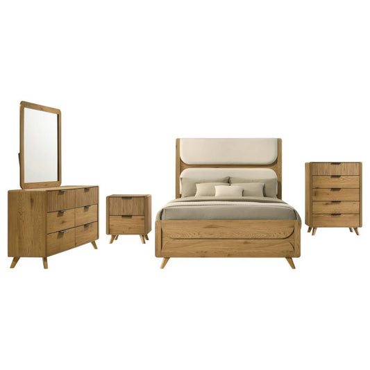 Bennett Twin Cream Upholstered 5-Piece Mid-Century Bedroom Set Light Oak