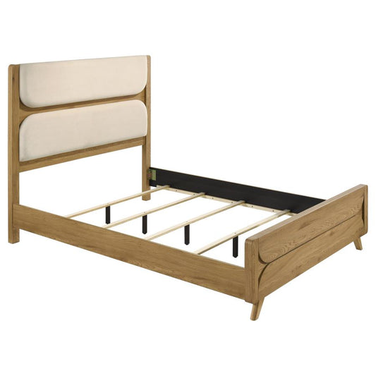 Bennett Queen Mid-Century Fabric Upholstered Panel Bed Light Oak