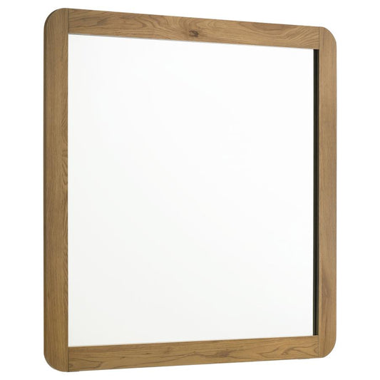 Bennett Mid-Century Square Dresser Mirror with Open-Corner Light Oak Frame