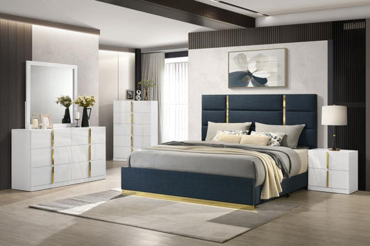 Ines 5-Piece Queen Bedroom Set Navy and White High Gloss