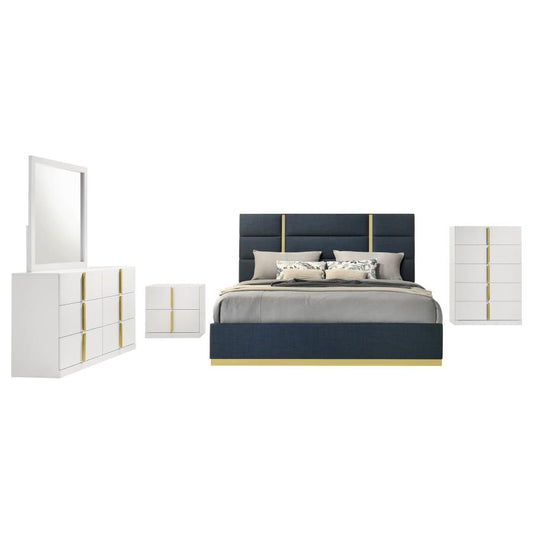 Ines 5-Piece Queen Bedroom Set Navy and White High Gloss