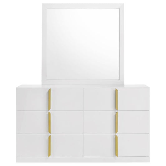 Ines 6-Drawer Bedroom Dresser with Mirror White High Gloss