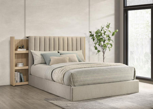 Arielle Eastern King Upholstered Bookcase Bed Light Tan and Light Oak