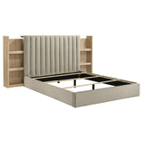 Arielle Eastern King Upholstered Bookcase Bed Light Tan and Light Oak