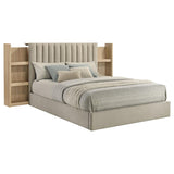 Arielle Eastern King Upholstered Bookcase Bed Light Tan and Light Oak