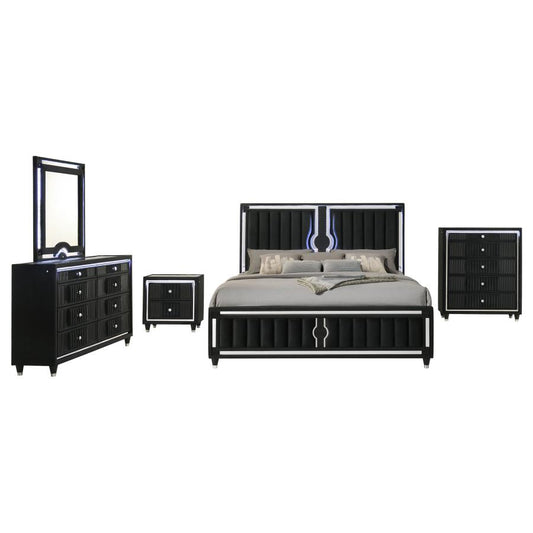 Ravenne 5-Piece Velvet Upholstered California King LED Bedroom Set Black