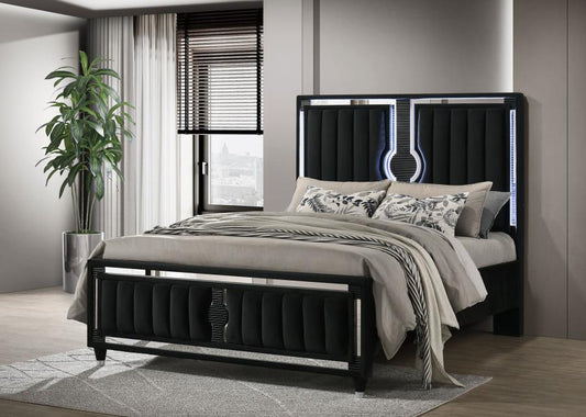 Ravenne Velvet Upholstered Eastern King LED Panel Bed Black