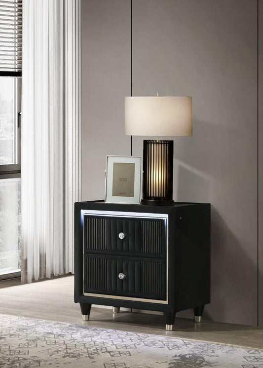 Ravenne 2-drawer Velvet Upholstered LED Nightstand with USB Black